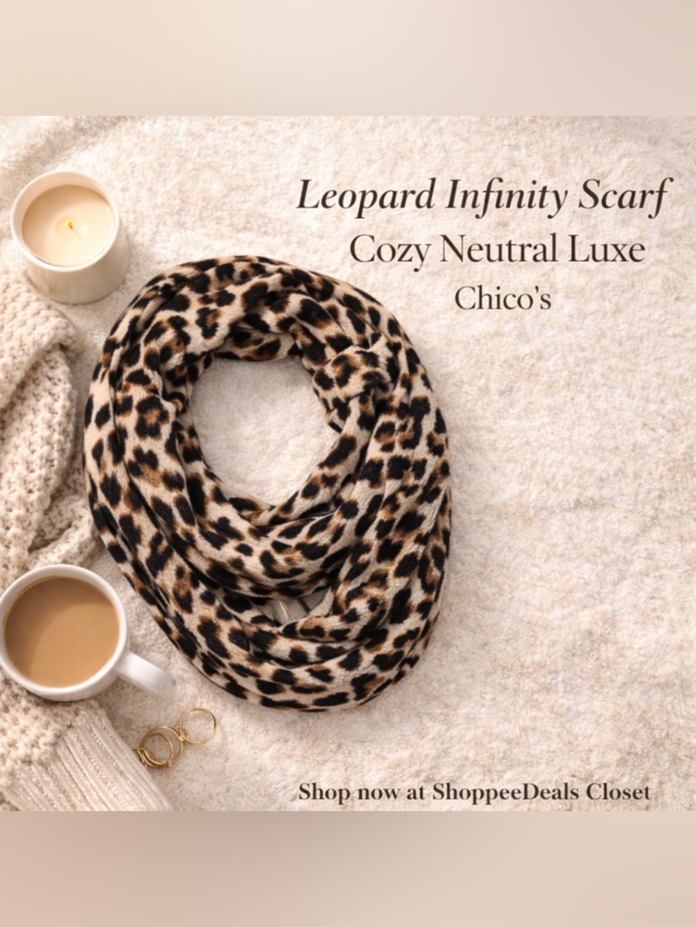 Chico’s Leopard Print Infinity Scarf Neutral Brown Black Cozy Wrap